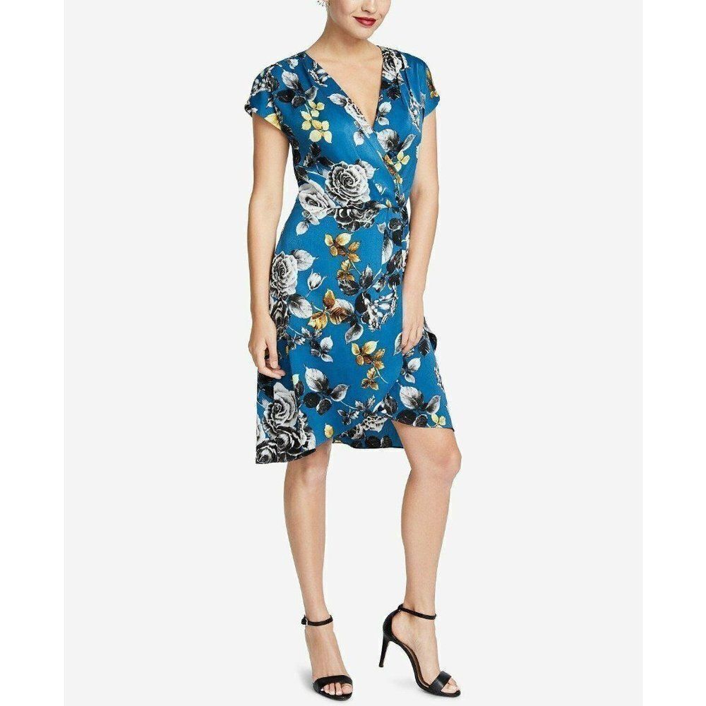 Rachel Roy Dress Women's 6‎ Teal Blue Floral Surplice V Neck High Low